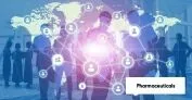 Pharma CX ecosystem world map with silhouettes of people in the background