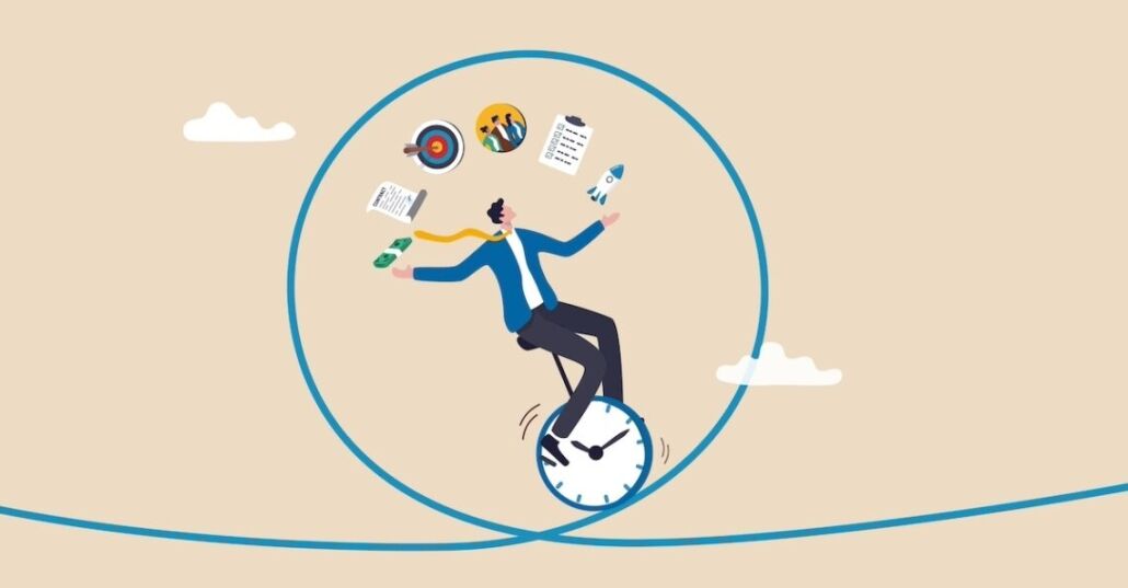 Hybrid project delivery framework Graphic of man on unicycle juggling tasks on agile shaped tightrope