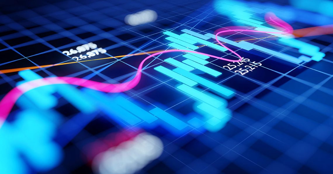 Close up of a screen showing economic and business graphs