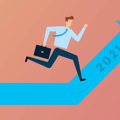 Illustration of a businessman running up the arrow pointing up