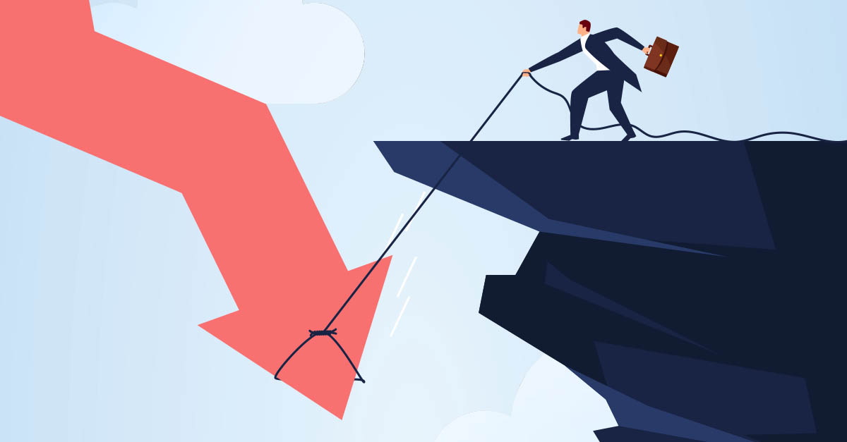 Illustration of a business man on top of the cliff trying to catch an arrow going down