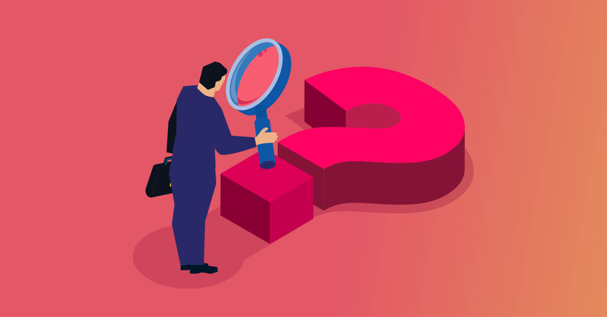 Illustration of a business man with magnifying glass over a bit question mark