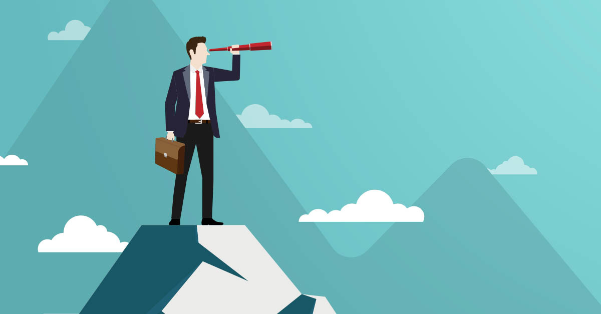 Illustration of business man with a binocular standing on top of the mountain and looking in the distance