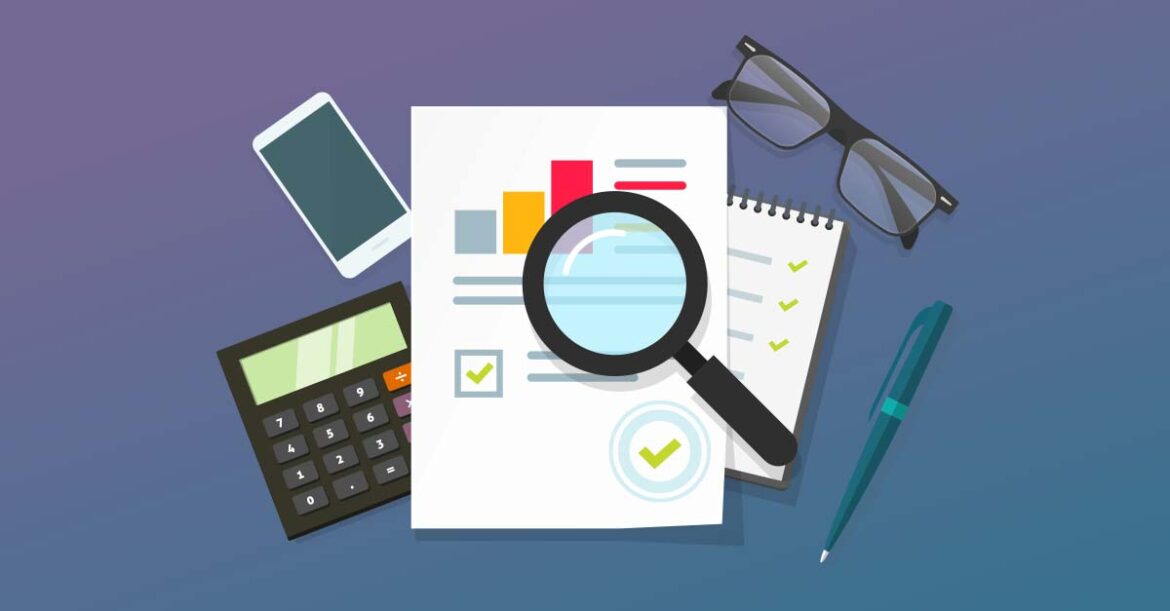 Illustration of a magnifying glass over a graph with mobile phone, calculator, pen and glasses