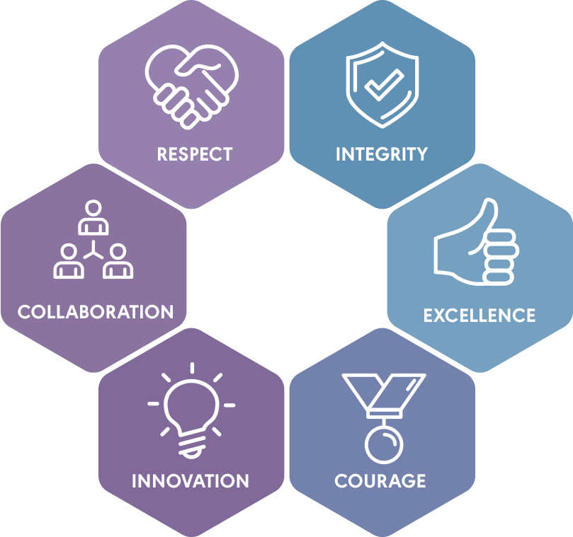 Diagram of PM-Partners' values consisting of Integrity, Excellence, Courage, Innovation, Collaboration and Respect