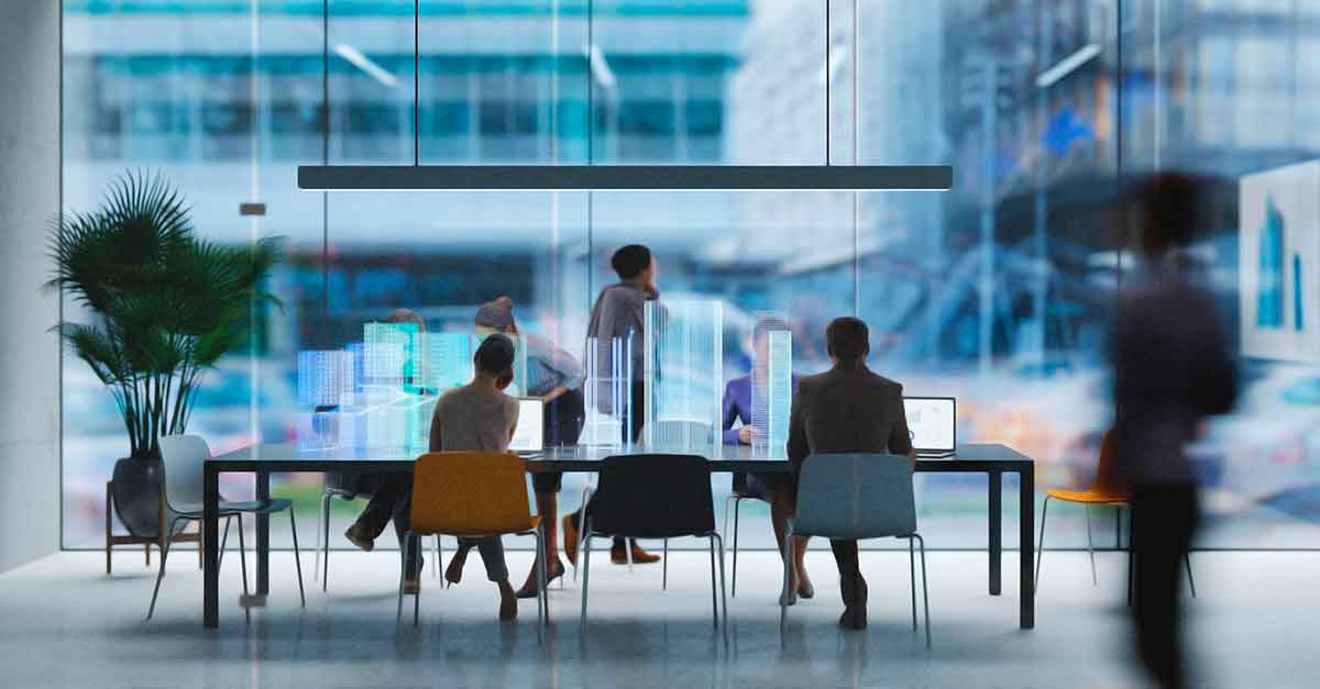 Futuristic office with people sitting at the desk and moving around