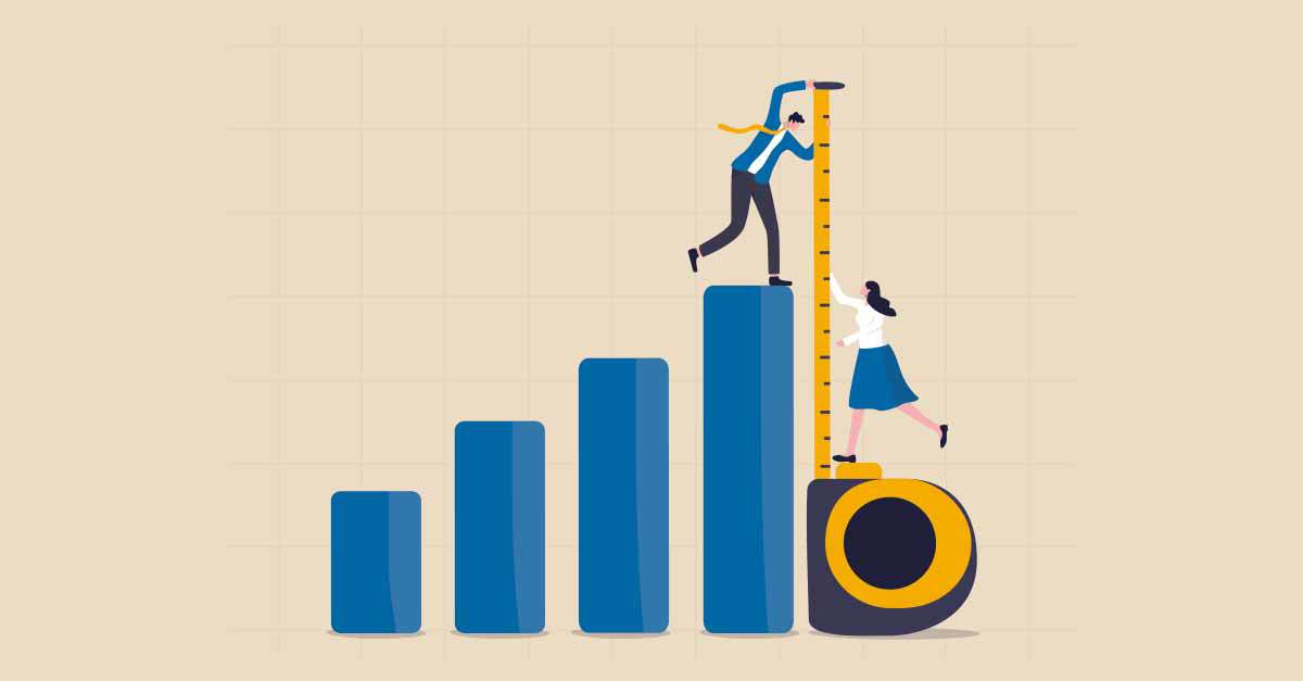 illustration of man and woman using tape measure to measure bar chart style improvement