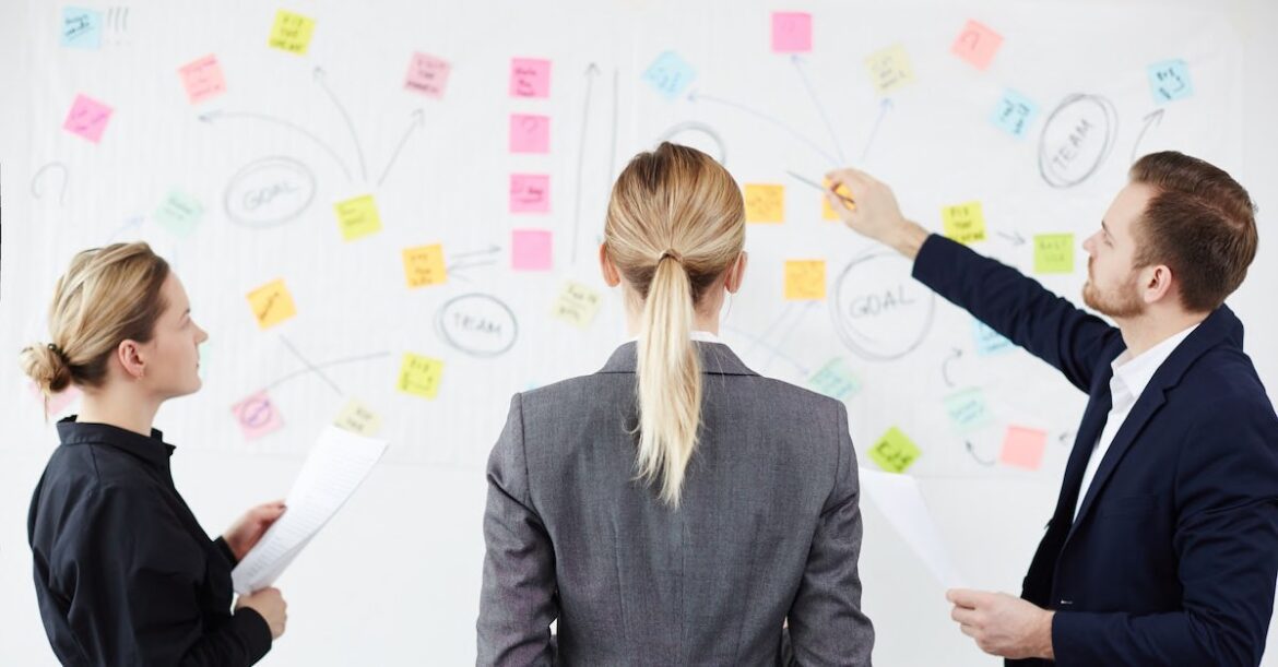 Three agile team leaders looking at agile whiteboard with post-it notes